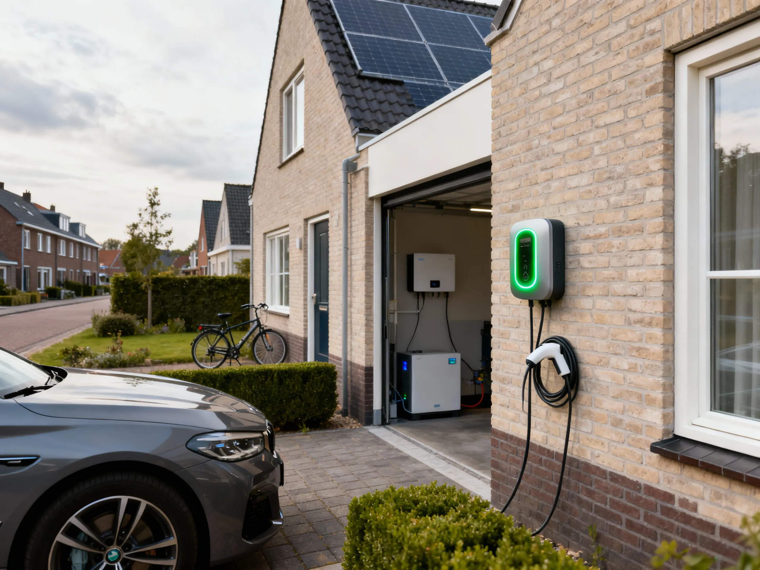 Elektrische auto bij woning met laadpaal zonnepanelen en thuisbatterij